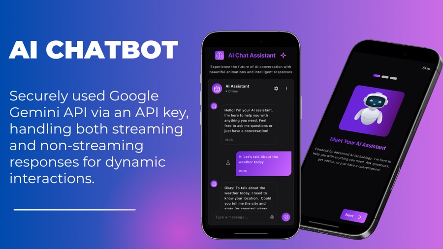 AI chatbot mobile app powered by Google Gemini API with animated chat interface in Flutter